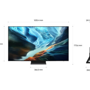 Le téléviseur à écran plat SAMSUNG TQ55S92H est présenté en orientation paysage sous des angles frontaux et latéraux, mettant en évidence les dimensions détaillées de la largeur et de la hauteur.