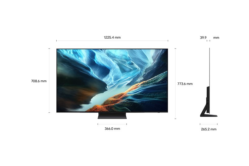 Le téléviseur à écran plat SAMSUNG TQ55S92H est présenté en orientation paysage sous des angles frontaux et latéraux, mettant en évidence les dimensions détaillées de la largeur et de la hauteur.
