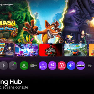 L'interface du hub de jeux du téléviseur SAMSUNG TQ55S92H affiche des icônes de jeux comme Crash Bandicoot, Fortnite et Xbox avec un slogan en français sur l'écran.