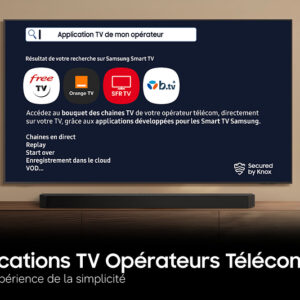 Le téléviseur SAMSUNG TQ55S92H affiche les applications de Free TV, Orange TV, SFR TV et B.tv avec une barre de recherche en haut.