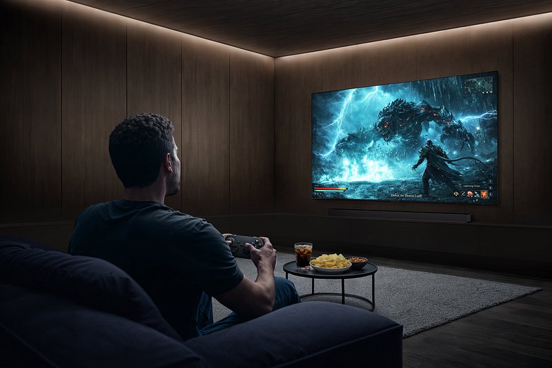 Un homme joue à un jeu vidéo sur un téléviseur SAMSUNG TQ55S92H dans un salon moderne faiblement éclairé, avec des snacks sur la table.