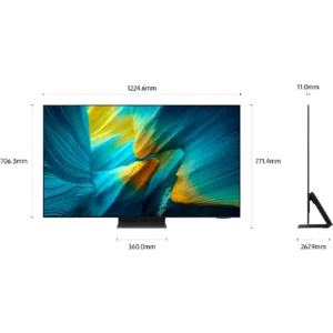 Le téléviseur à écran plat SAMSUNG TQ55S95F affiche des mesures étiquetées pour la largeur, la hauteur, la largeur du support, la profondeur et la profondeur du support.