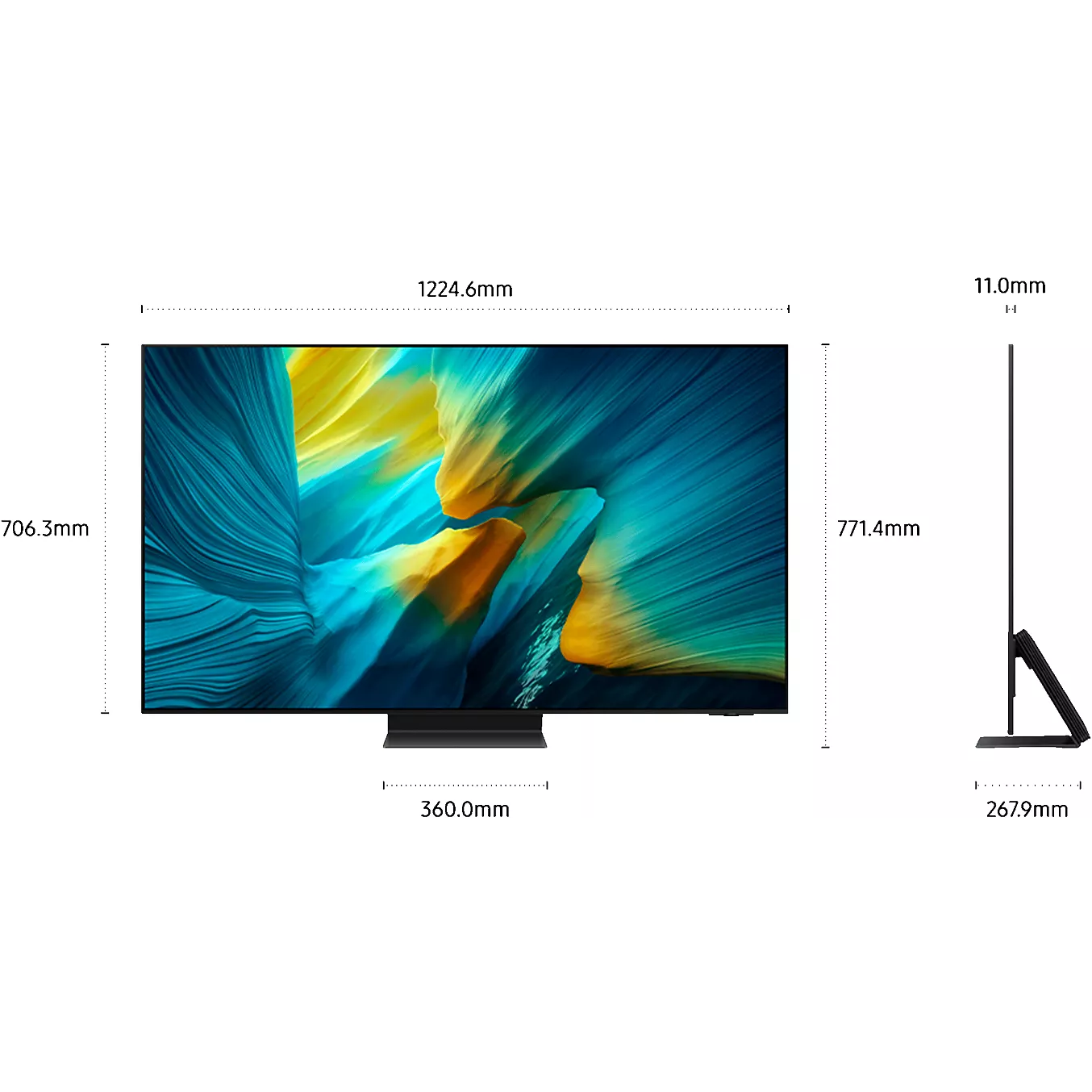 Le téléviseur à écran plat SAMSUNG TQ55S95F affiche des mesures étiquetées pour la largeur, la hauteur, la largeur du support, la profondeur et la profondeur du support.