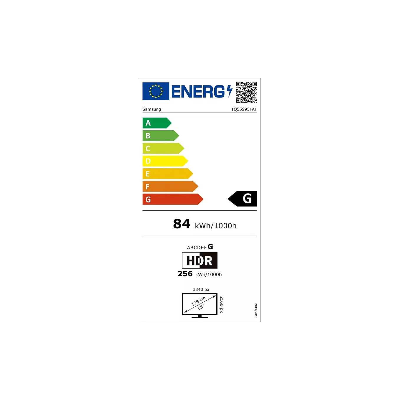 Label énergétique de l'UE pour le téléviseur SAMSUNG TQ55S95F : classé G, consomme 84 kWh/1000h, prend en charge le HDR et consomme 256 kWh/1000h en mode HDR.