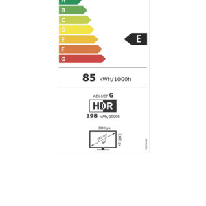SAMSUNG TQ65S92H : téléviseur 65", étiquette énergie E (85 kWh/1000h), HDR : G (198 kWh/1000h), résolution 3840x2160, écran 163 cm.