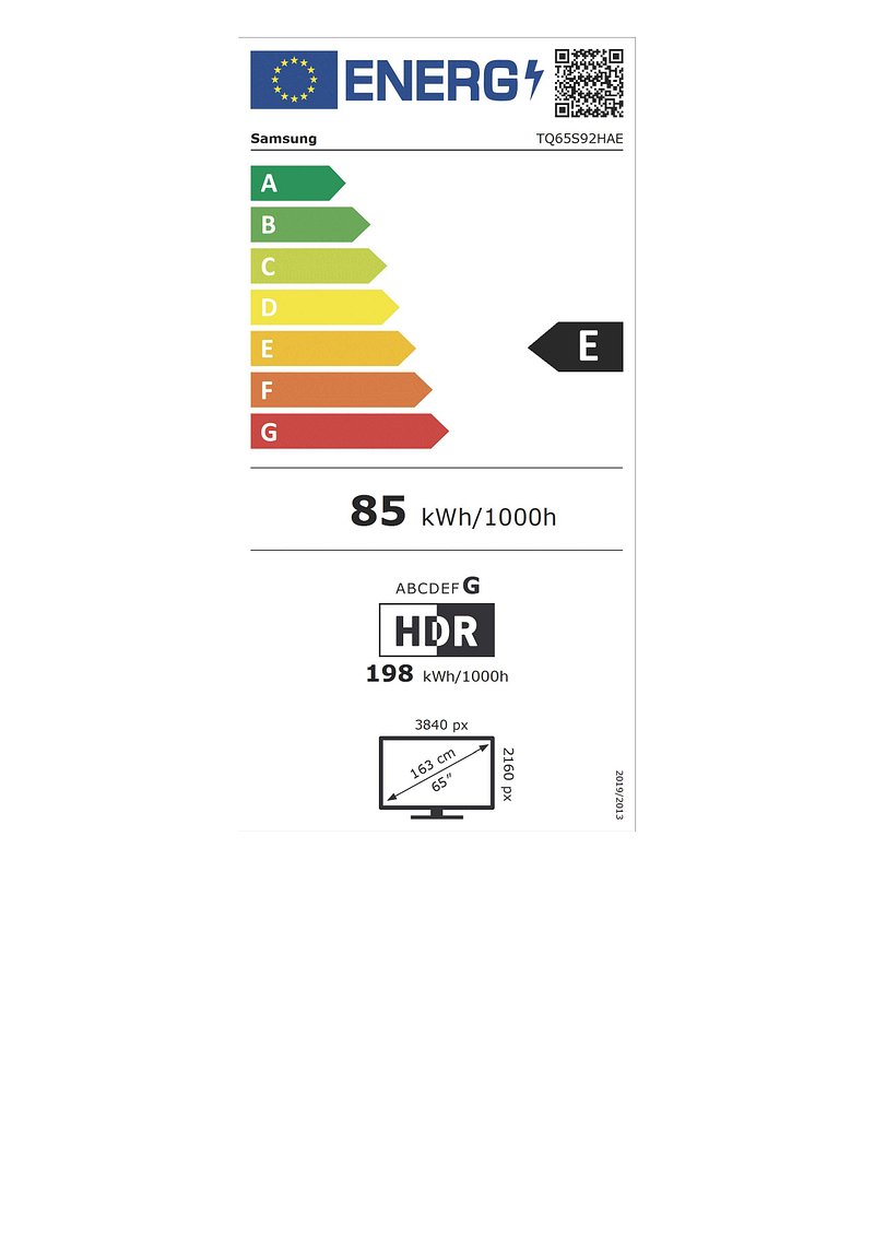 SAMSUNG TQ65S92H : téléviseur 65", étiquette énergie E (85 kWh/1000h), HDR : G (198 kWh/1000h), résolution 3840x2160, écran 163 cm.