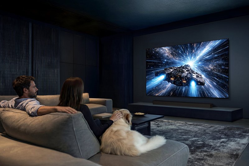 Un couple et leur chien regardent un film sur les vaisseaux spatiaux sur le SAMSUNG TQ65S95H dans un salon moderne et sombre.