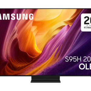 Le téléviseur OLED SAMSUNG TQ77S95H affiche des couleurs vibrantes et abstraites, reflétant la qualité exceptionnelle et l'innovation de la marque SAMSUNG.