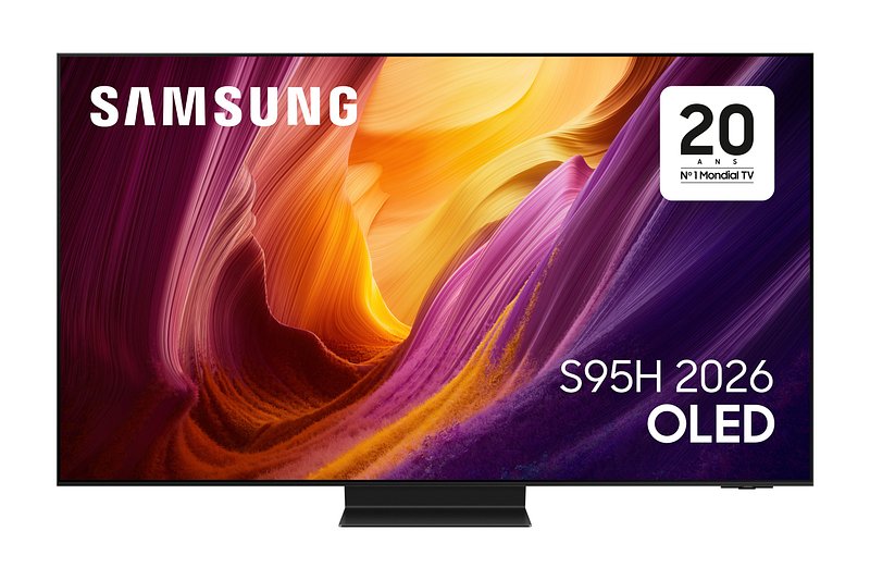 Le téléviseur OLED SAMSUNG TQ77S95H affiche des couleurs vibrantes et abstraites, reflétant la qualité exceptionnelle et l'innovation de la marque SAMSUNG.