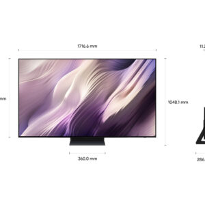 Le téléviseur à écran plat SAMSUNG TQ77S95H est présenté de face et de côté, avec un affichage abstrait et des dimensions détaillées en millimètres.
