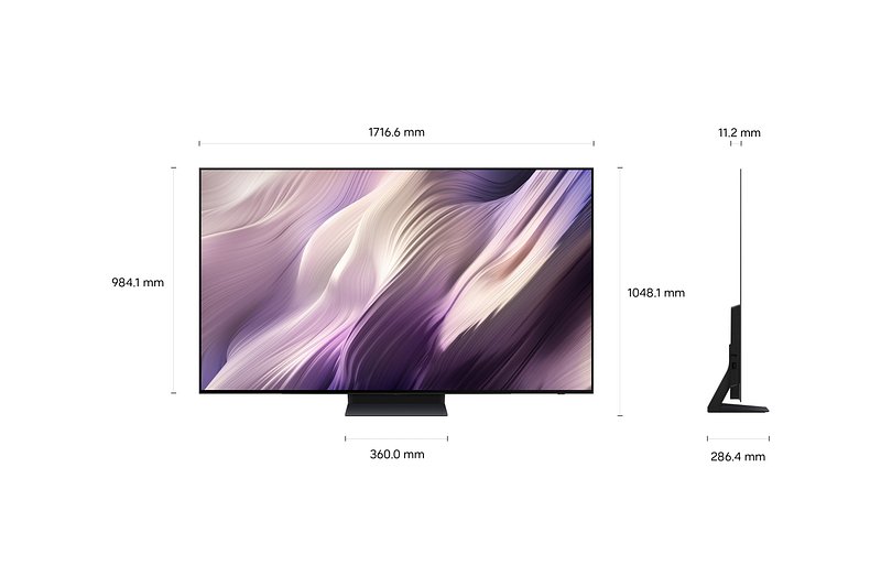 Le téléviseur à écran plat SAMSUNG TQ77S95H est présenté de face et de côté, avec un affichage abstrait et des dimensions détaillées en millimètres.