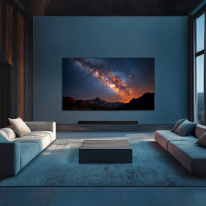 Le salon moderne est composé de deux canapés faisant face à un grand téléviseur SAMSUNG TQ77S95H, qui affiche un ciel étoilé au-dessus des montagnes.