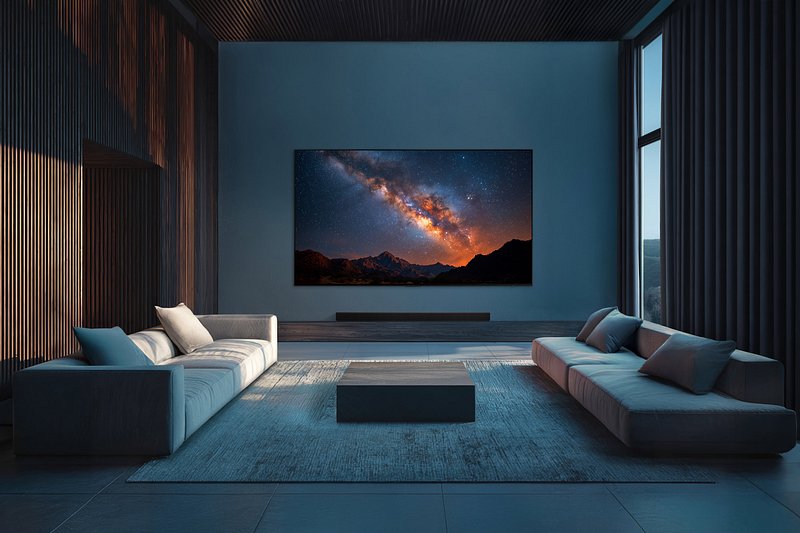 Le salon moderne est composé de deux canapés faisant face à un grand téléviseur SAMSUNG TQ77S95H, qui affiche un ciel étoilé au-dessus des montagnes.