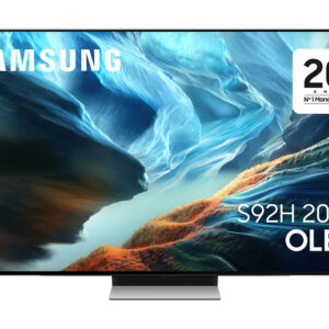 Le SAMSUNG TQ83S92H offre des couleurs vibrantes et des graphiques abstraits bleus et orange étonnants sur son écran OLED.