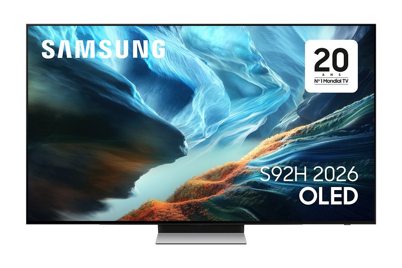 Le SAMSUNG TQ83S92H offre des couleurs vibrantes et des graphiques abstraits bleus et orange étonnants sur son écran OLED.