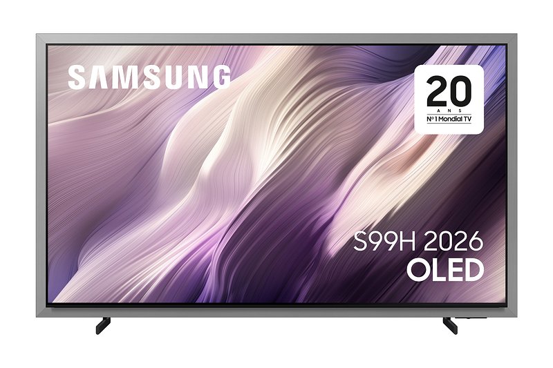 Le SAMSUNG TQ83S95H affiche une image abstraite d'un violet éclatant sur son écran OLED.