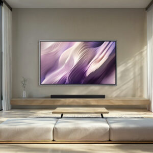 Ce salon minimaliste est équipé d'un grand téléviseur SAMSUNG TQ83S95H sur lequel sont diffusées des œuvres d'art abstrait, et se compose de canapés bas et de grandes baies vitrées allant du sol au plafond.