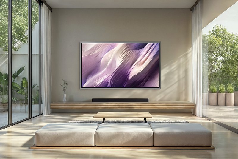 Ce salon minimaliste est équipé d'un grand téléviseur SAMSUNG TQ83S95H sur lequel sont diffusées des œuvres d'art abstrait, et se compose de canapés bas et de grandes baies vitrées allant du sol au plafond.
