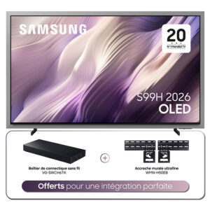 Le téléviseur OLED SAMSUNG TQ83S95H (2026) est livré avec un support mural et un connecteur sans fil. Le texte en français figure ci-dessous.