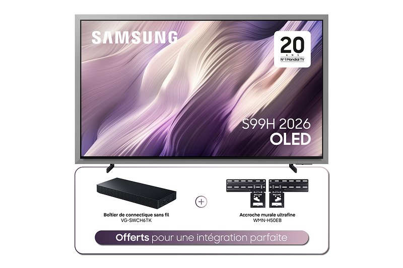 Le téléviseur OLED SAMSUNG TQ83S95H (2026) est livré avec un support mural et un connecteur sans fil. Le texte en français figure ci-dessous.