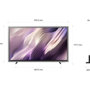Le téléviseur à écran plat SAMSUNG TQ83S95H est présenté de face et de profil, mettant en valeur son design abstrait ainsi que ses dimensions précises (largeur, hauteur et profondeur).