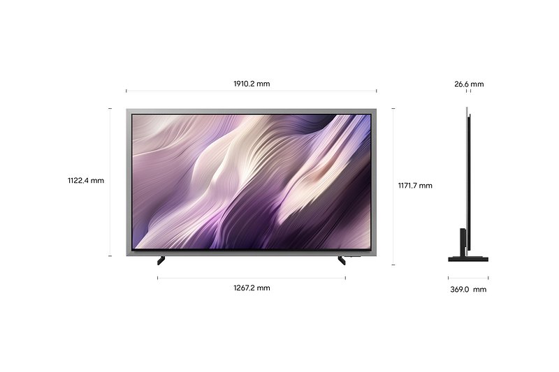 Le téléviseur à écran plat SAMSUNG TQ83S95H est présenté de face et de profil, mettant en valeur son design abstrait ainsi que ses dimensions précises (largeur, hauteur et profondeur).