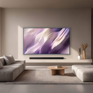 Un salon minimaliste comprend des canapés aux tons neutres, une table ronde en bois et le SAMSUNG TQ83S95H, un grand téléviseur aux motifs abstraits, élégamment fixé au mur.