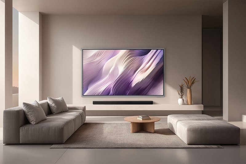 Un salon minimaliste comprend des canapés aux tons neutres, une table ronde en bois et le SAMSUNG TQ83S95H, un grand téléviseur aux motifs abstraits, élégamment fixé au mur.