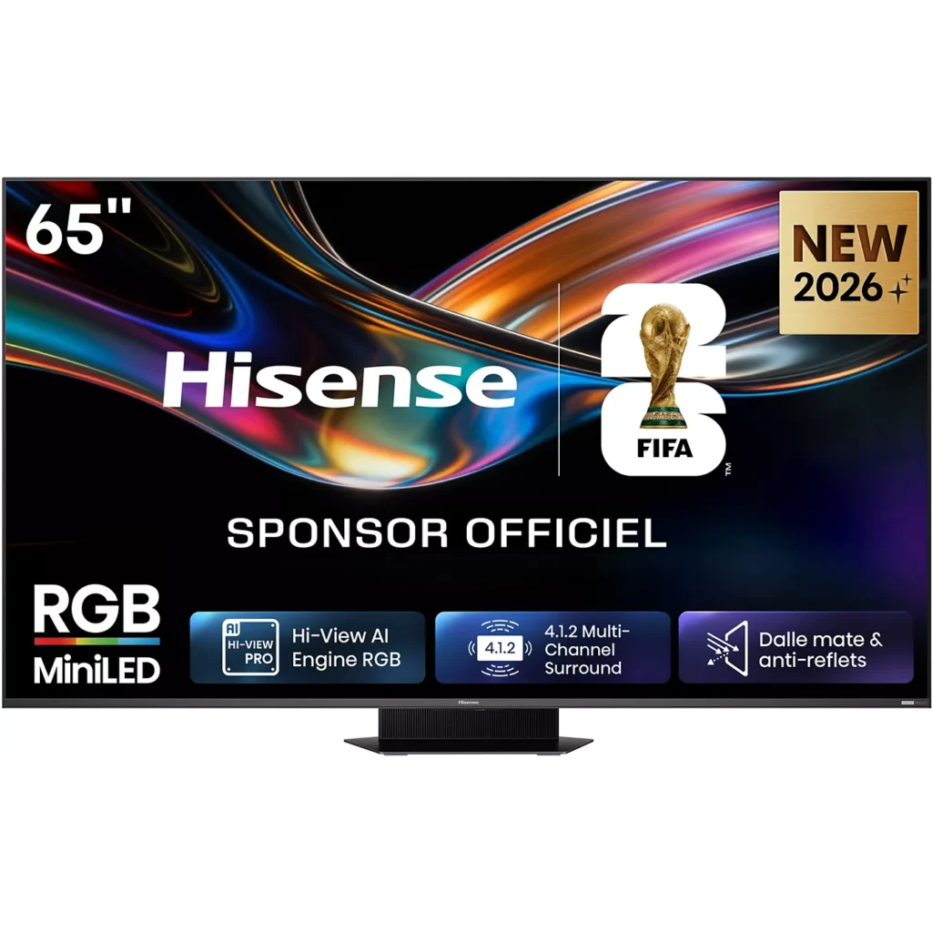 Le téléviseur HISENSE 65UR9S RGB 65 pouces met en avant son parrainage de la Coupe du Monde de la FIFA 2026 avec des icônes et la technologie Mini LED RGB avancée.