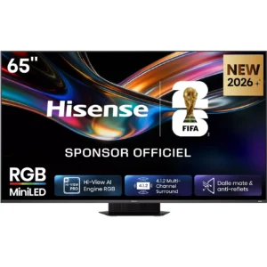 Le téléviseur HISENSE 65UR9S RGB 65 pouces met en avant son parrainage de la Coupe du Monde de la FIFA 2026 avec des icônes et la technologie Mini LED RGB avancée.
