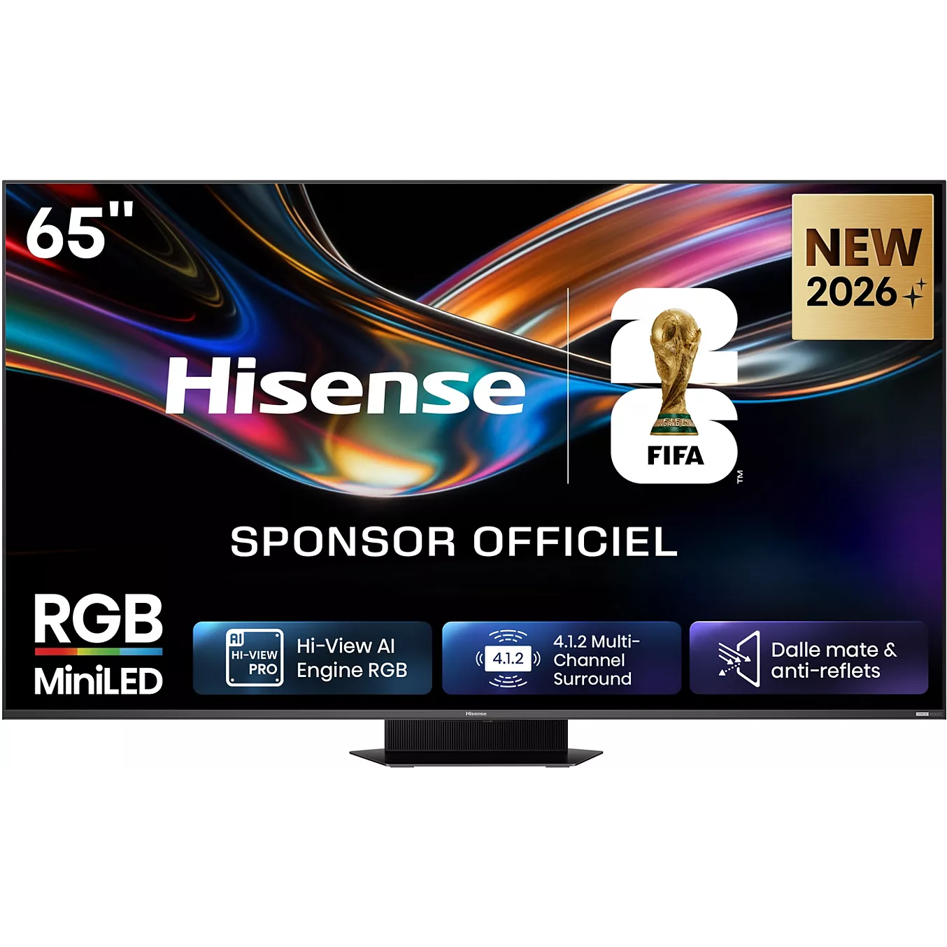 Le téléviseur HISENSE 65UR9S RGB 65 pouces met en avant son parrainage de la Coupe du Monde de la FIFA 2026 avec des icônes et la technologie Mini LED RGB avancée.