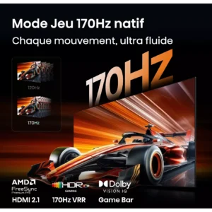 Une voiture de Formule 1 passe en trombe avec l'affichage "170Hz", mettant en valeur la fluidité des mouvements et les fonctions de jeu avancées. Les effets RVB éclatants et la compatibilité RVB du HISENSE 65UR9S rendent chaque course immersive et dynamique.