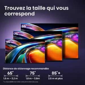 Le téléviseur HISENSE 65UR9S RGB est affiché avec les distances de visualisation recommandées. Ses couleurs RVB vives se détachent sur un fond violet saisissant, ce qui lui permet de se distinguer parmi les téléviseurs de différentes tailles.