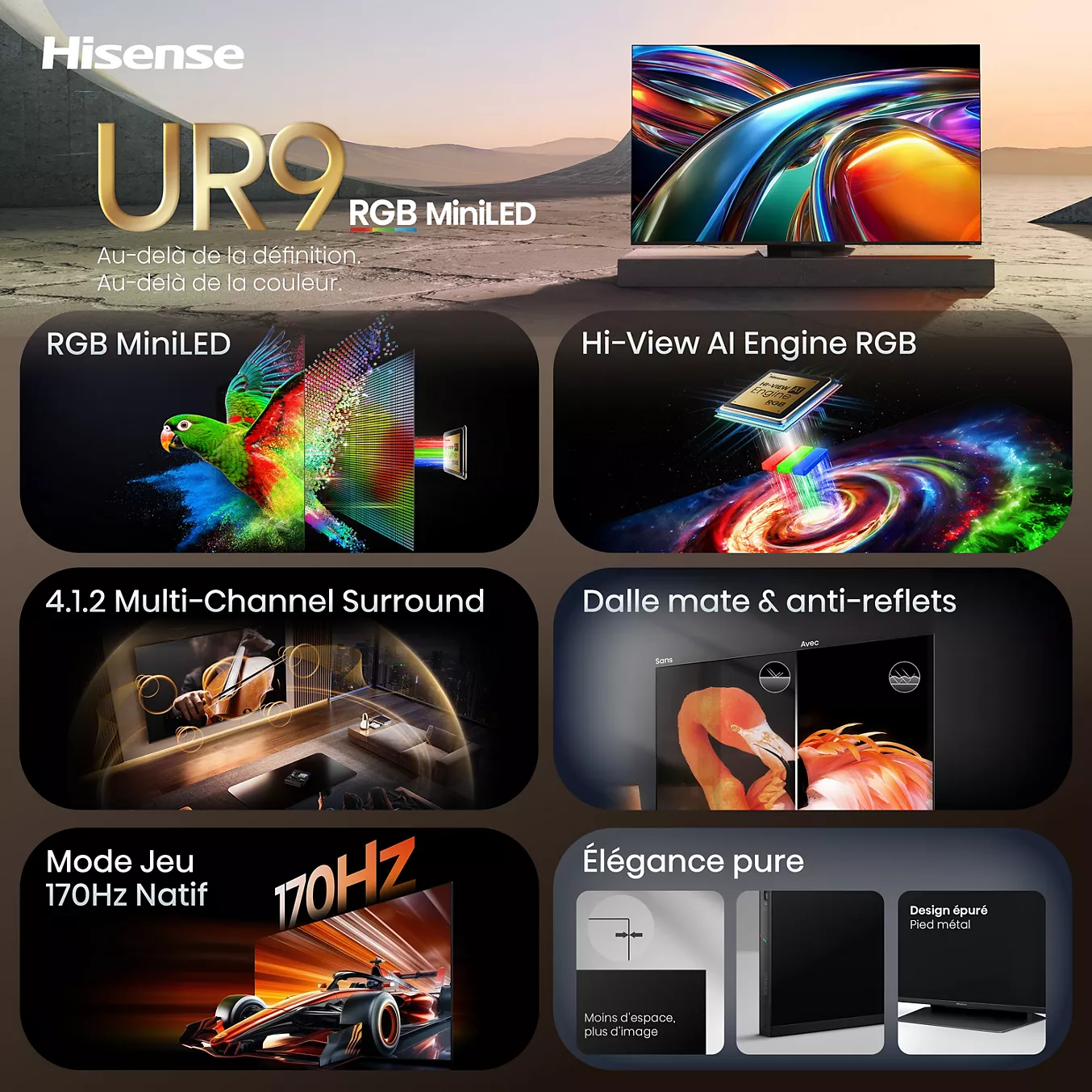 Le téléviseur MiniLED HISENSE 65UR9S RGB offre un son surround, un moteur AI avancé, un taux de rafraîchissement de 170 Hz et un écran antireflet pour une expérience véritablement immersive.