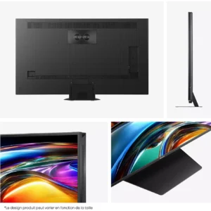 Collage présentant des vues de l'arrière, des côtés, des bords et de l'avant du HISENSE 65UR9S RGB, mettant en évidence son design d'écran plat moderne et son affichage RVB vibrant.