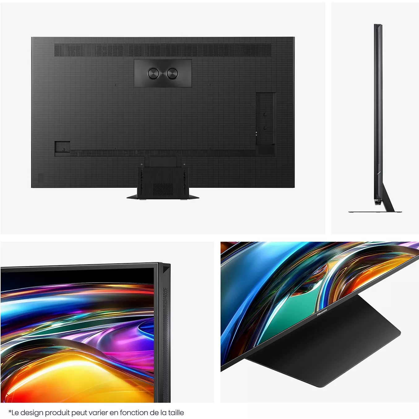Collage présentant des vues de l'arrière, des côtés, des bords et de l'avant du HISENSE 65UR9S RGB, mettant en évidence son design d'écran plat moderne et son affichage RVB vibrant.
