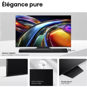 Le HISENSE 65UR9S RGB est doté d'un écran RGB vibrant et est accompagné d'une barre de son fine et ajustable, placée proprement sous lui sur un support minimaliste.