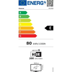 Label énergétique pour le téléviseur HISENSE 65UR9S RGB : classé E, 80 kWh/1000h, écran 65" 3840x2160 px RGB, mode HDR utilise 200 kWh/1000h.