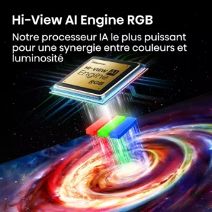 Une puce HISENSE 65UR9S RGB étiquetée "Hi-View AI Engine RGB" émet de la lumière rouge, verte et bleue dans un tourbillon.
