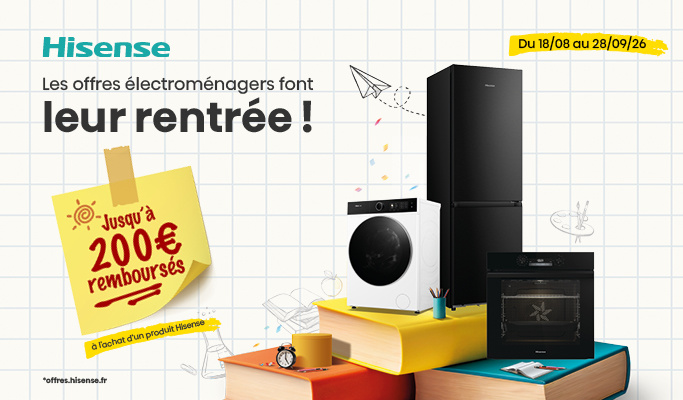Profitez de la grande promotion sur les appareils électroménagers HISENSE avec jusqu’à 500 € de remboursement ! Découvrez notre sélection d’appareils électroménagers, comprenant des réfrigérateurs, des fours, des lave-linge et bien plus encore. Offre valable jusqu’en avril 2026 — ne manquez pas ces avantages exceptionnels sur les photos de nos produits phares.