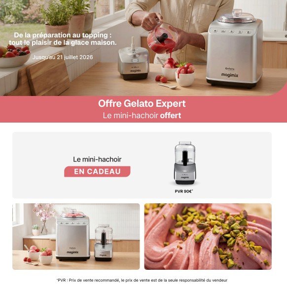 Découvrez le MAGIMIX GELATO EXPERT avec notre OFFRE exclusive : obtenez un mini-hachoir gratuit et dégustez des glaces faites maison, présentées en gros plan dans un délicieux gelato aux baies.