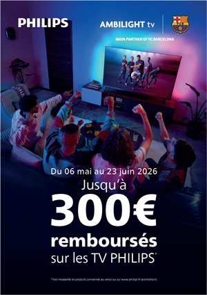 Quatre personnes regardent un téléviseur avec des lumières Philips Ambilight dans un salon ; Philips TV ODR 300€ cashback offer details shown.