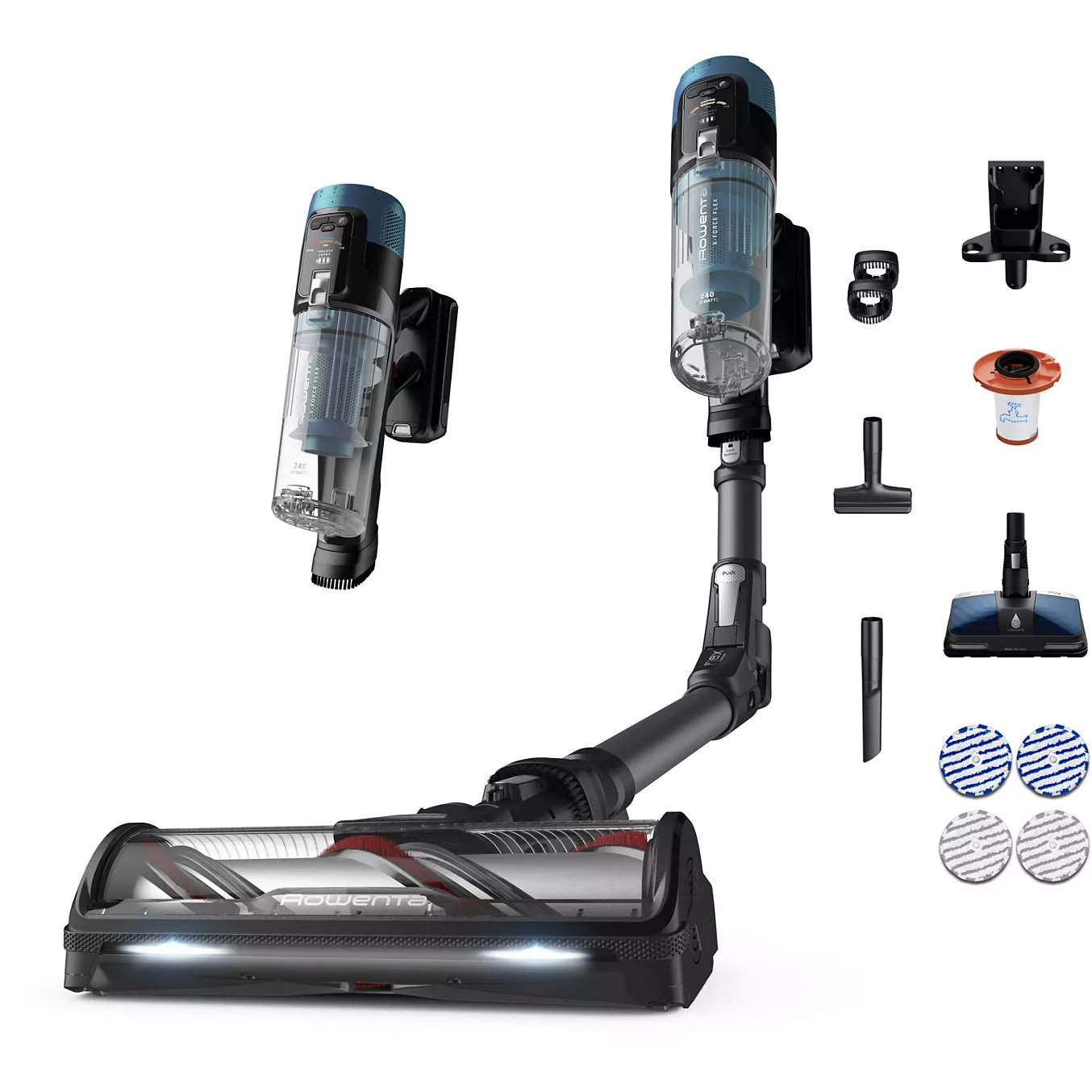 L'aspirateur sans fil ROWENTA RH9BC1WO est livré avec des pièces détachables et des accessoires tels que des brosses, des filtres et des serpillières.