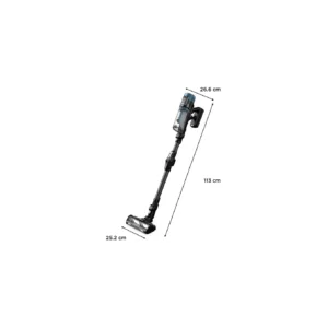 Le ROWENTA RH9BC1WO mesure 113 cm de hauteur, 26,6 cm de largeur et 25,2 cm de profondeur, offrant un design compact pour un nettoyage efficace et sans effort.