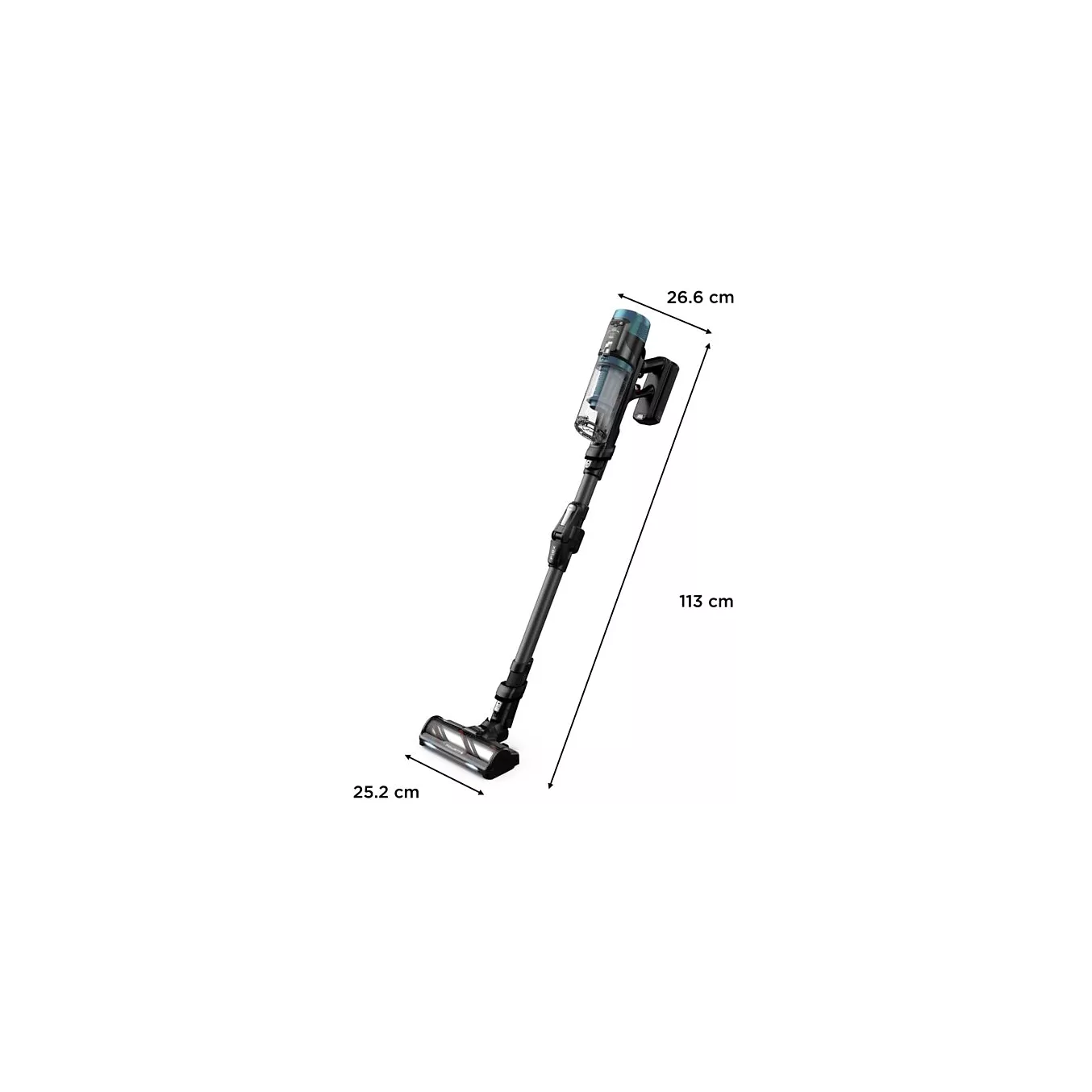 Le ROWENTA RH9BC1WO mesure 113 cm de hauteur, 26,6 cm de largeur et 25,2 cm de profondeur, offrant un design compact pour un nettoyage efficace et sans effort.