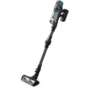 Le ROWENTA RH9BC1WO est un aspirateur-balai sans fil doté d'un bac à poussière transparent et d'élégantes touches noires et bleues, conçu pour se tenir debout.
