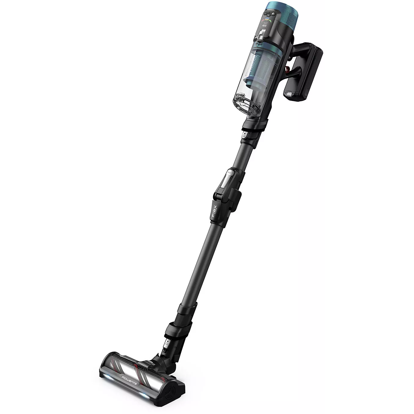 Le ROWENTA RH9BC1WO est un aspirateur-balai sans fil doté d'un bac à poussière transparent et d'élégantes touches noires et bleues, conçu pour se tenir debout.