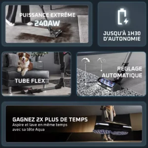 L'aspirateur ROWENTA RH9BC1WO dispose d'une puissance de 240AW, d'une autonomie de 1h30, d'un tube flexible, d'un réglage automatique et peut aspirer et laver simultanément.