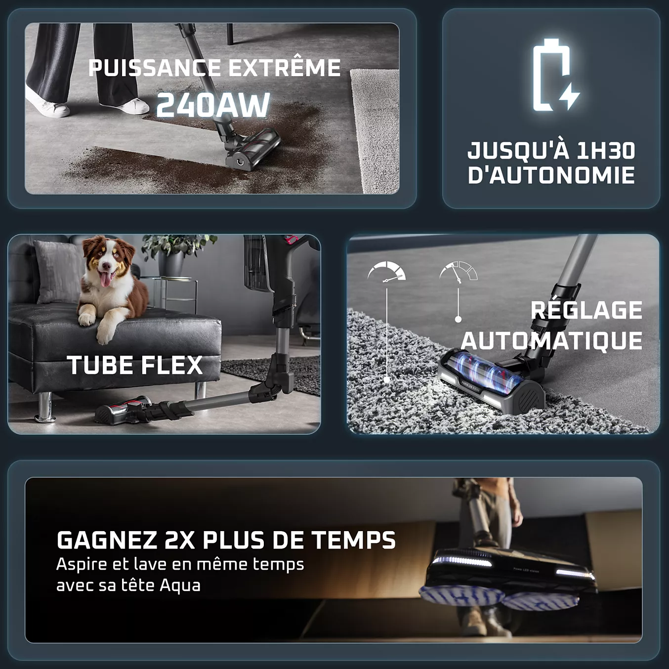 L'aspirateur ROWENTA RH9BC1WO dispose d'une puissance de 240AW, d'une autonomie de 1h30, d'un tube flexible, d'un réglage automatique et peut aspirer et laver simultanément.
