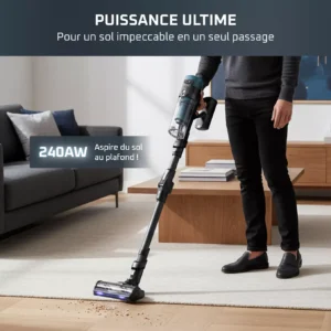 Une personne utilise l'aspirateur-balai sans fil ROWENTA RH9BC1WO pour enlever les miettes d'un tapis dans un salon moderne.